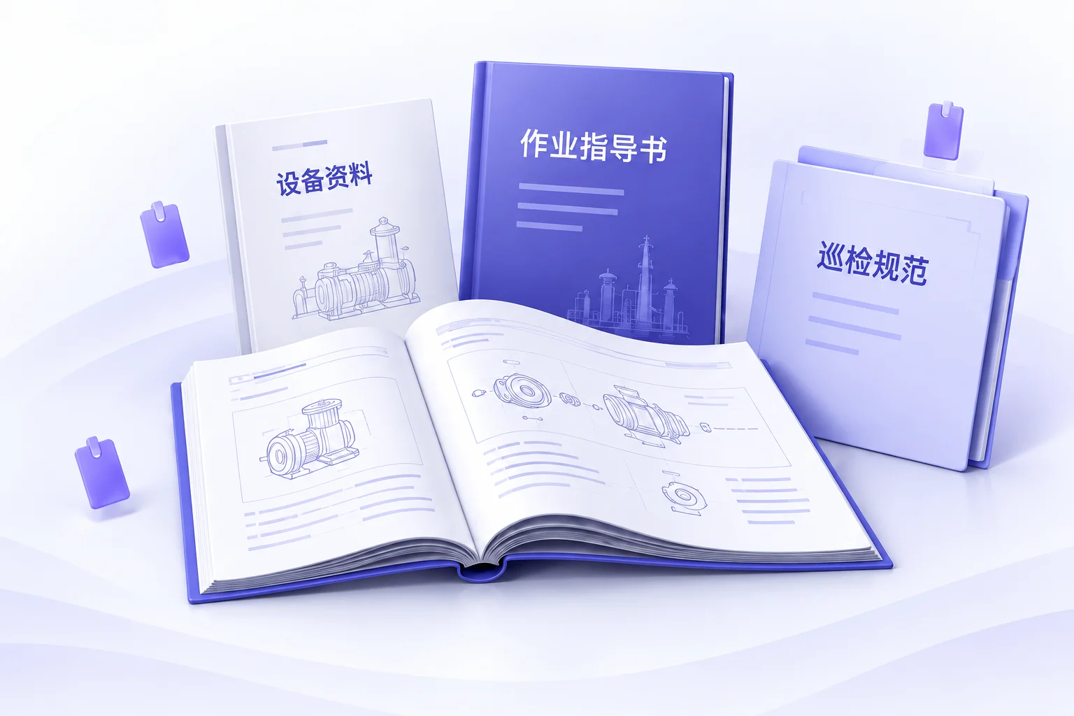 作业指导书、设备资料与巡检规范手册组合，知识库功能示意